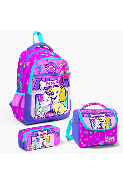 Coral High Kids Cat Dog Patterned Three-Compartment 3-Piece Set Bag