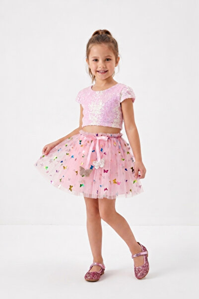 Le Mabelle Pink Butterfly Bow Detailed Girls' Tulle Skirt - Aster