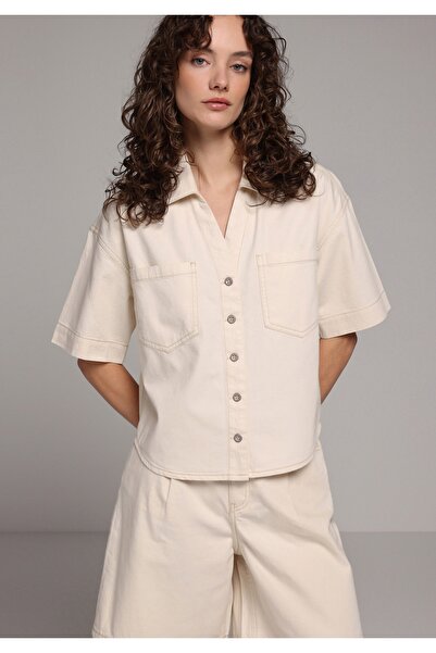 Colin's Regular Fit Classic Collar Plain Women's Ecru Denim Short Sleeve Shirt