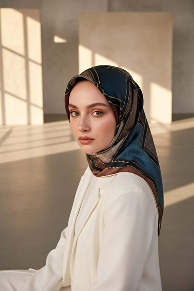 Vissona 100% Twill İpek Gold Detaylı Kare Desenli Gül Kurusu - Petrol Yeşili ...