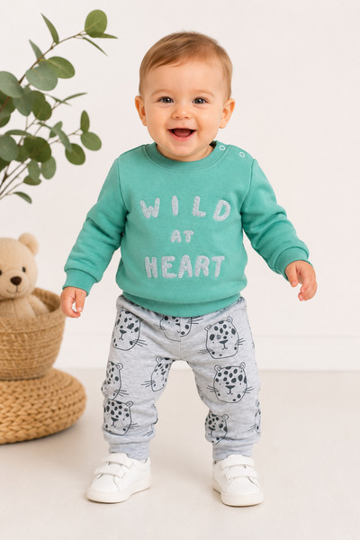 Mou&Kou Wild at Heart Patterned 100% Cotton Combed Cotton Baby Sweatshirt Pan...