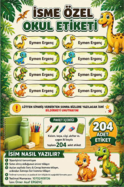Ayza Tasarım İsme Özel Su Geçirmez Dinozor Okul Etiketi Sticker Kişiye Özel Ç...
