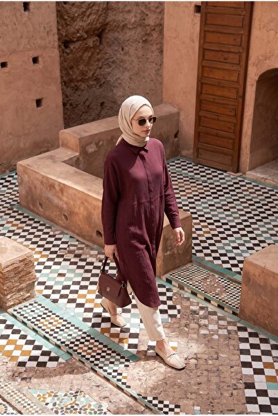 Armine TREND قماش طبيعي بأزرار مخفية وياقة هاكم وقصة مريحة بطول 120 سم تونيك ...