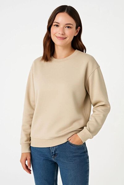 Generic Brand Women's 3 Thread Cotton Plain Crew Neck Sweatshirt - Beige Mari...
