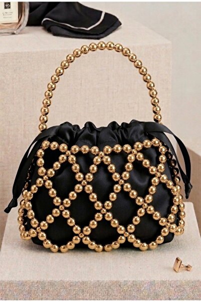 Gold Boncuklu Siyah Abiye Gece Çantası Taşlı Çanta (Lumière Collection)