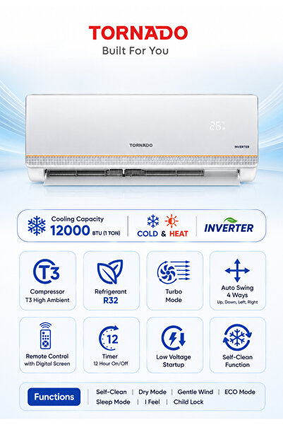 Tornado Inverter Split Air Conditioner, 1 Ton, 12000 BTU, Heat & Cool, R32 Ec...