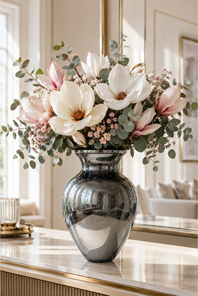 ANGDESİGN Defne Glass Vase 25 cm ••Füme 6Y24007 •• Decorative Vase Modern Flo...