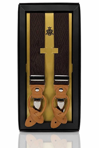 Kravatkolik Brown Leather Connected Button Hole Jacquard Trouser Strap PAN147