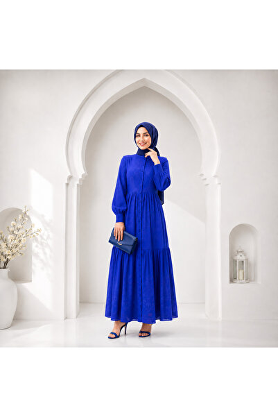 Muslima Wear Fiore Blu İnci düğmeli Pamuk işlemeli Vual Kumaş Abiye elbise