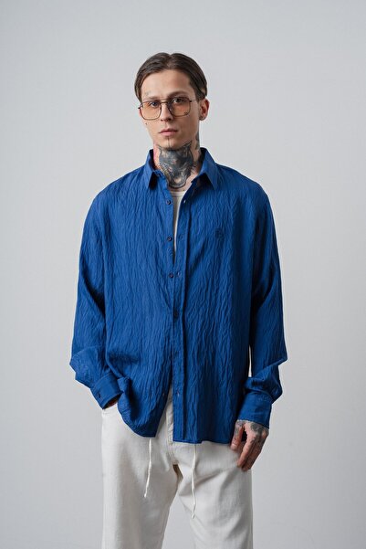 Respire Men's Embroidered Long Sleeve Oversized Shirt Navy Blue