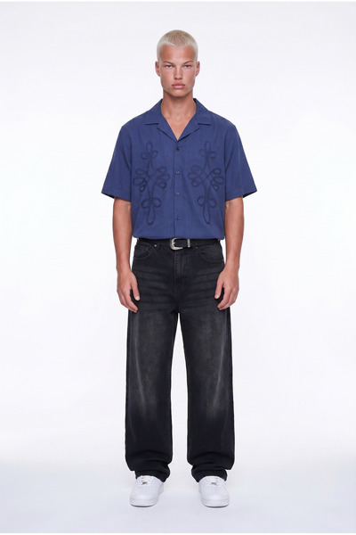 Respire Men's Embroidery Detailed Short Sleeve Oversize Shirt Navy Blue