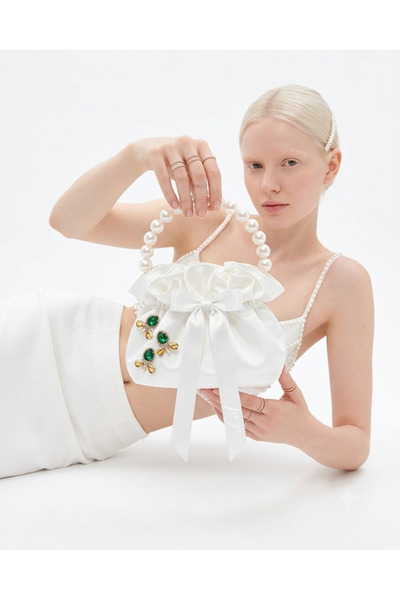 pegu baby collection White Cotton Satin Bag, with Crystal Glass Stone Decorat...