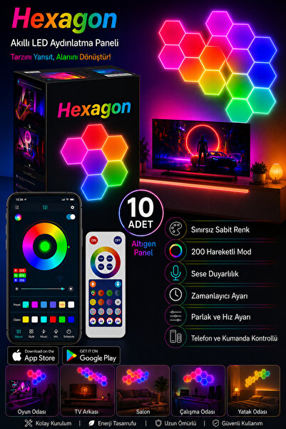 neeko Hexagonel Oda Işığı Birleştirilebilir RGB-IC Telefon ve Kumanda Kontrol...