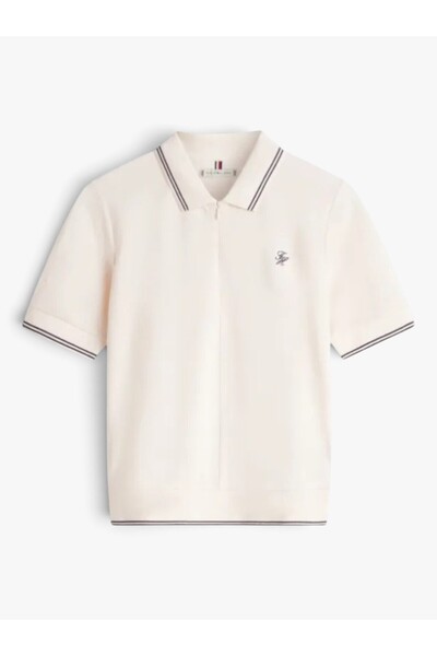 Tommy Hilfiger TH SCRIPT LYOCELL ZIP SS POLO Kadın Bej T-Shirt - WW0WW47853