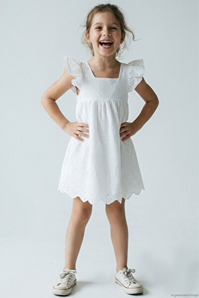 Breeze Girl's Dress with Guipure Embroidery and Zipper Detail on the Back, 3-...