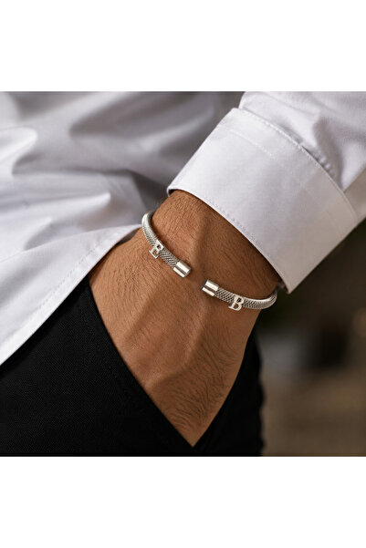 simurg jewellery Gümüş Harf Detaylı Beyaz Çelik Bileklik