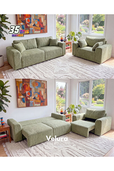 Velura Home & Living Sora 3+1 Yataklı ve Sandıklı Koltuk Takımı - Yeşil