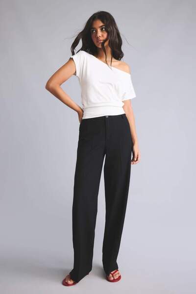 DeFacto Straight Fit Fleto Pocketed Regular Waist Standard Length Black Trous...