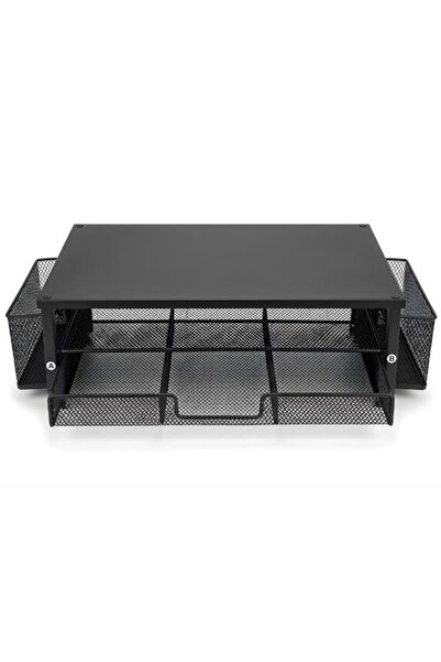 Temel Black Metal Mesh Monitor Riser Stand Desktop Organizer with Drawer and ...