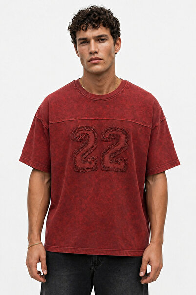 Respire Men's 22 Embroidered Washable Oversize T-Shirt Claret Red