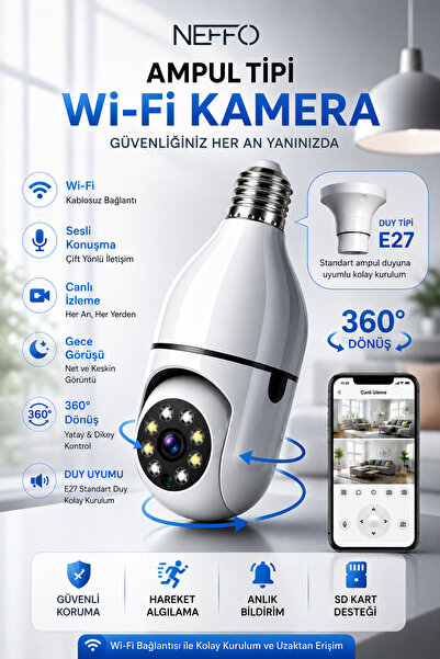 NEFFO Gece Görüşlü 360 Derece Led Işık 1080p Wifi Kamera Kablosuz Panoramik B...