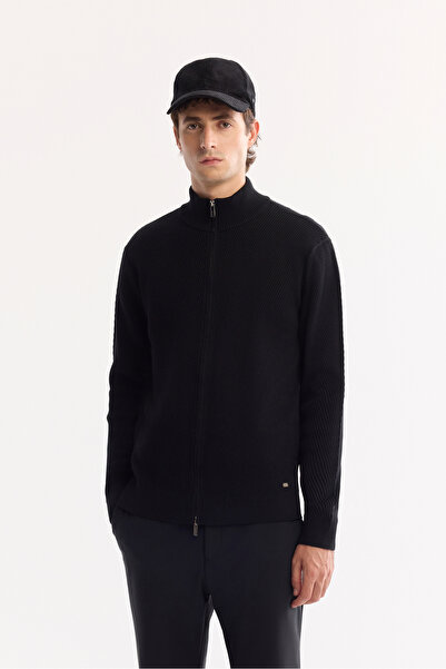 Avva Men's Black Stand Collar Zippered Cotton Soft Touch Textured Regular Fit...