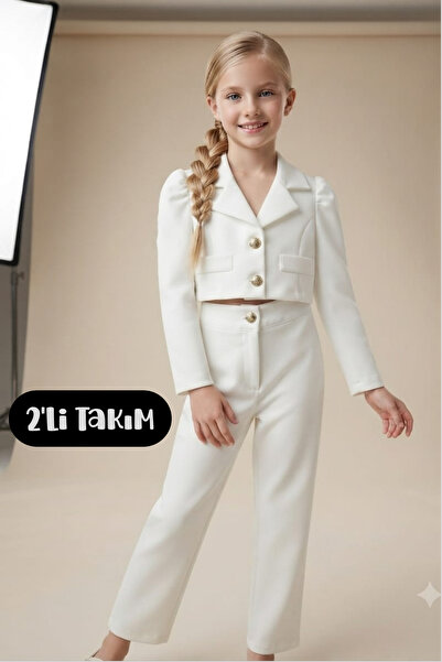 Hilal Akıncı Kids Girl's Gold Button Detailed Ornamental Pocket Crop Jacket W...