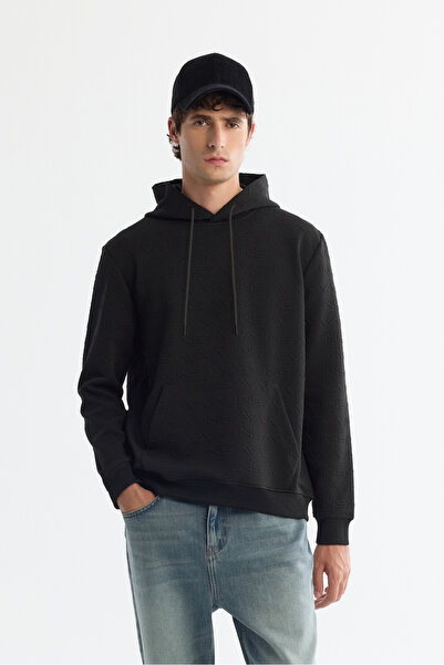 Avva Men's Black Hooded Printed Elastane Regular Fit Sweatshirt A42Y1332