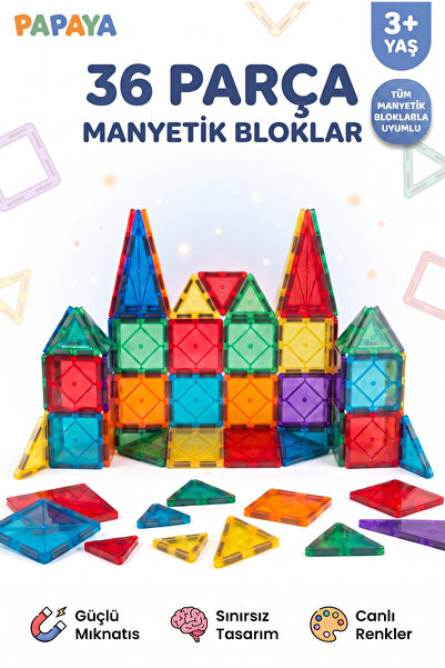 PAPAYA 36 Parça Manyetik Yapı Blokları - Manyetik Blok Oyuncak Mıknatıslı STE...