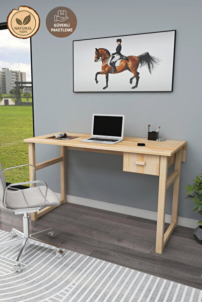 WOODFACE Masif Ahşap Doğal Ahşap Çekmeceli Çalışma Masası 116x55 Cm