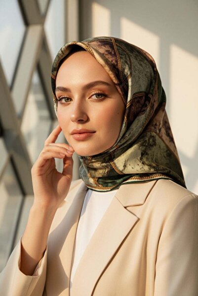 Vissona %100 Twill İpek Zincirli Mermer Desenli Zümrüt Yeşili - Haki Renkli 9...