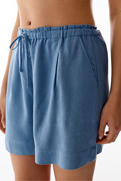 Penti Navy Blue Linen High Waist Shorts with Pleated Detail