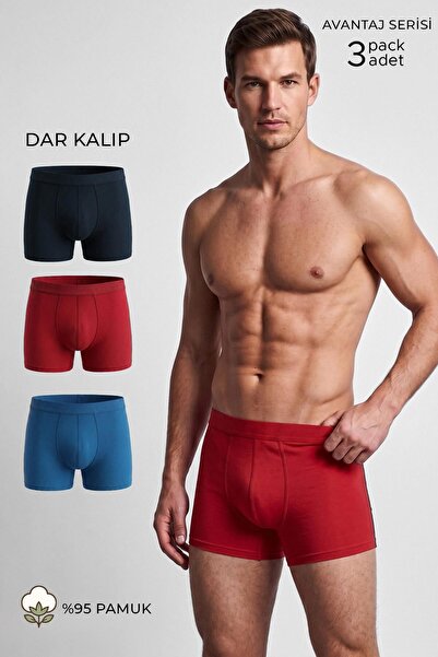 Aytuğ&Mısırlı Egyptian Men's Cotton Economic Triple Pack Boxer Navy Blue-Red-Sax