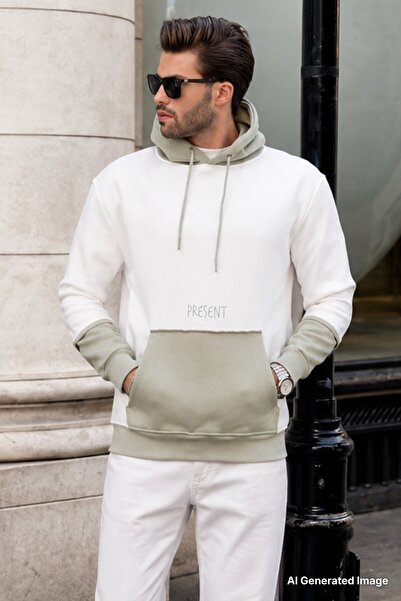 Madmext Ecru Hooded Printed Men's Sweatshirt with Pocket Detail 7083