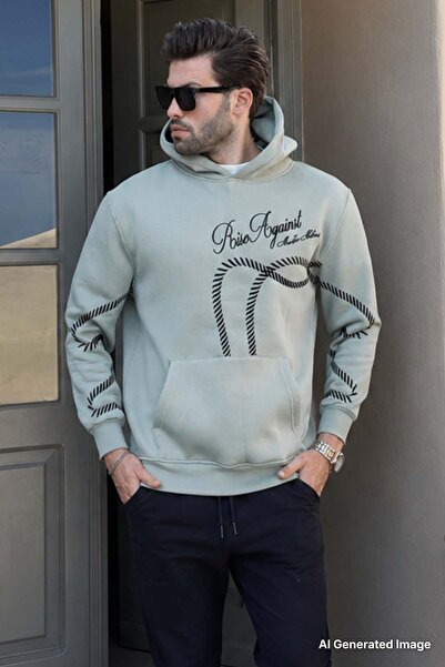 Madmext Green Printed Hooded Men's Sweatshirt with Pocket Detail 7067