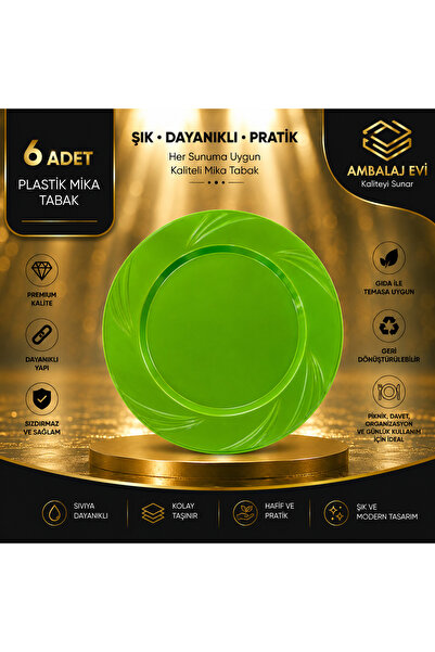 Ambalaj Evi Mika Luxury Plastic Plate Green Mica Plate 23 cm 6 Pieces