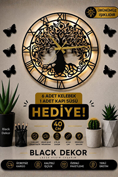 Blackdekor Roma Rakamlı Ağaç Tasarımlı Modern Duvar Saati Oturma Odası Ve Mis...