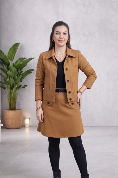 Store Kadın Taba Düğmeli Ceket Kemerli Etek Takım