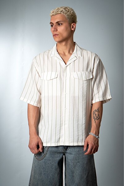 TopMan Double Pocket Oversize Ecru Men's Shirt Us4305Ek