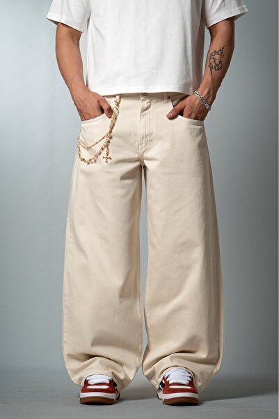 GRJ denim Pantaloni de blugi pentru bărbați, Extra largi, Ecru, cu efect de p...