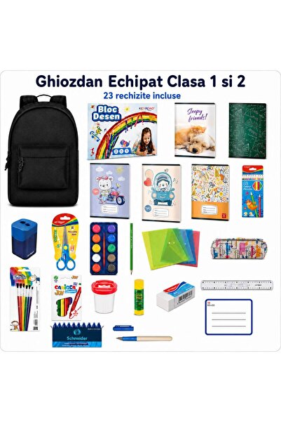 MC Micostore Ghiozdan Echipat Clasa 1 si 2 cu 23 Rechizite Scolare Premium, F...