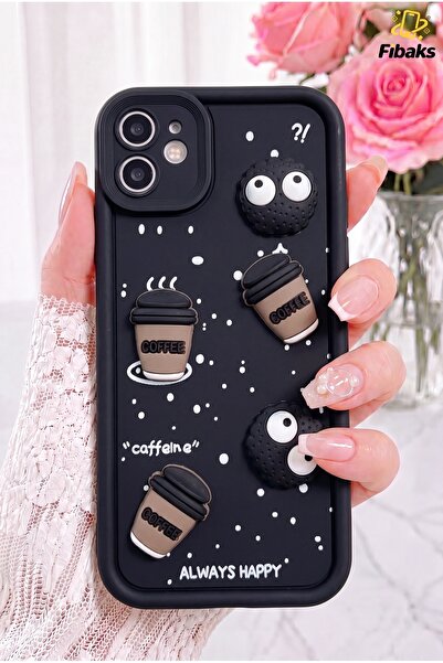 Fibaks iPhone 11 Kılıf Tasarımlı Desenli Kamera Korumalı Coffee Kurabiye Siya...