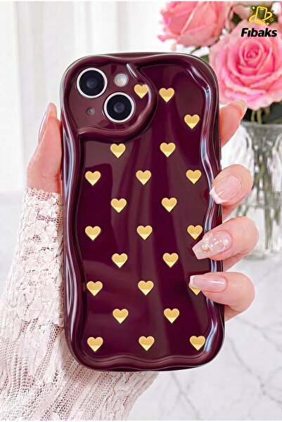 Fibaks iPhone 13/14 Kılıf Kamera Korumalı Dalga Kenarlı Minik Sarı Kalp Desen...