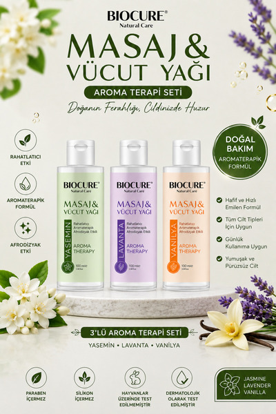 Biocure Rahatlatıcı-aromaterapik  Etkili Masaj Yağı Ve Vücut Bakım Yağı 3 Çeşit Bir Arada Mix