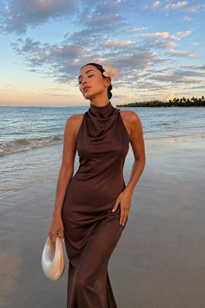 Black Fashion Degaje Yaka Maxi Kahverengi Saten Elbise
