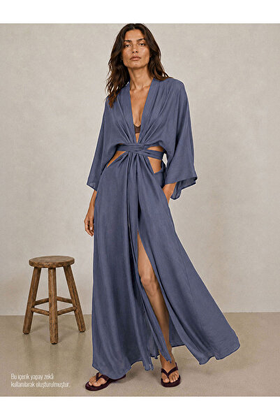 RİVUS Beli Bağlama Detaylı Keten Kimono - İndigo
