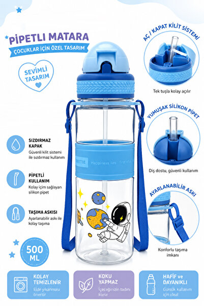 GÜZELYÜZ AVM Pipetli Şeffaf Matara 500ml | Mavi Renk Suluk Kapaklı Su Şişesi ...