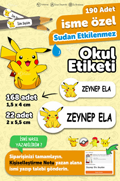 MSticker Okul Etiketi Kalem Defter Etiketi Pikachu Temalı Isim Yazılabilen Et...