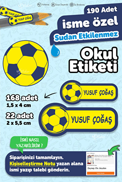 MSticker Okul Etiketi Kalem Defter Etiketi Fenerbahçe Özel Isim Yazılabilen E...