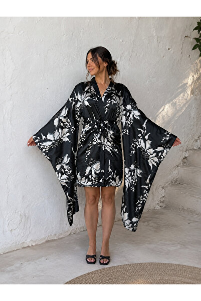 mundodemia Lorenza Çiçek Desenli Yoryo Şifon Kimono Siyah Beyaz